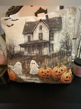 Halloween Haunted House Decorative Pillow with Ghosts & Pumpkins